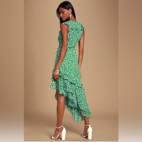 Lulus Green Floral Ruffled Wrap Midi Dress - Picture 4 of 5